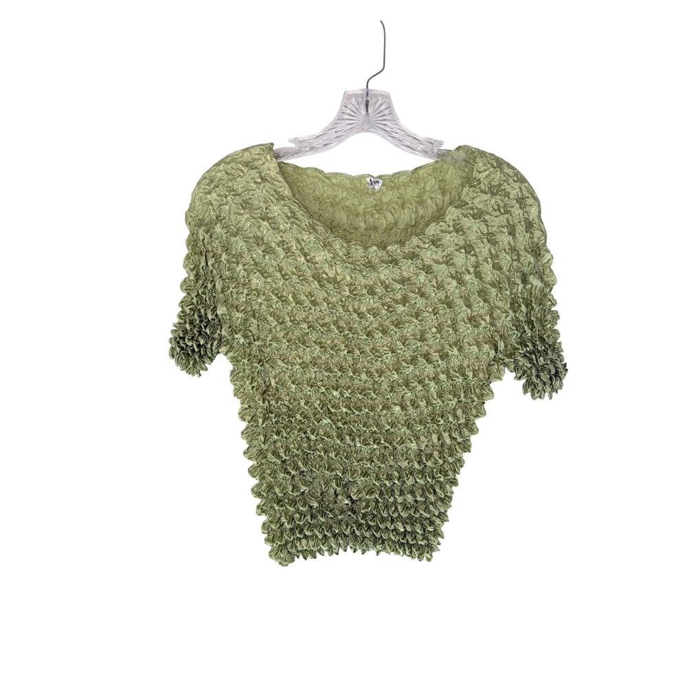 F.C. 90's Women's‎ Green Satin Popcorn Top Stretchy Short Sleeve Satin One Size